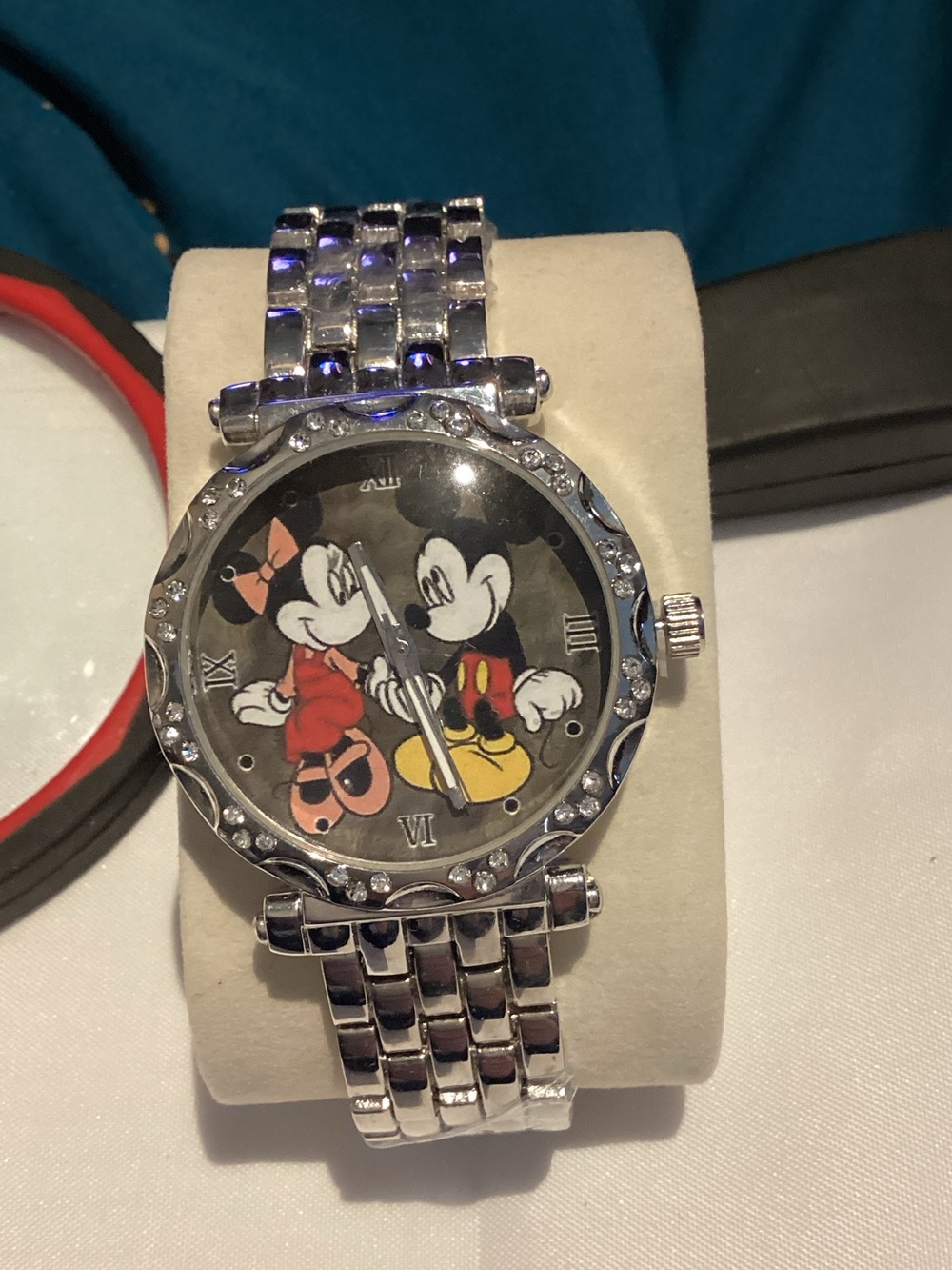 Silver-Tone Character Watch with Black Dial Featuring Mickey & Minnie